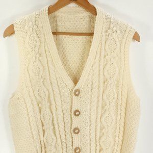 Vtg Hand Knitted Fisherman Cardigan Sweater Vest Women's M/L? Cream Grandmacore